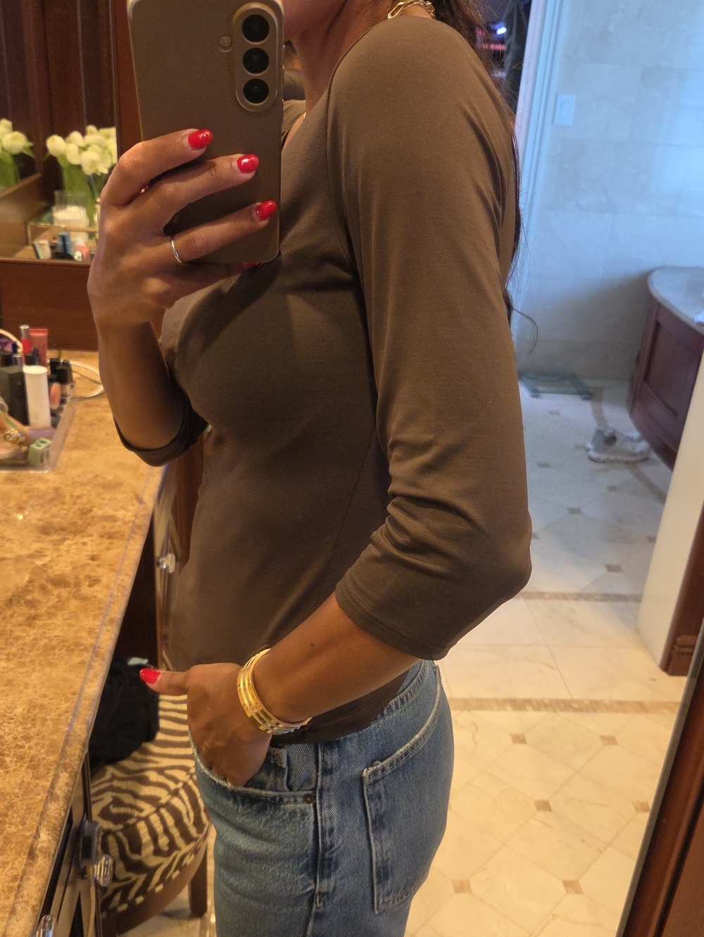 WOMEN'S ZARA BROWN SPANDEX SHIRT BLOUSE TOP BODYSUIT LIKE SZ M $20 - Picture 2 of 4